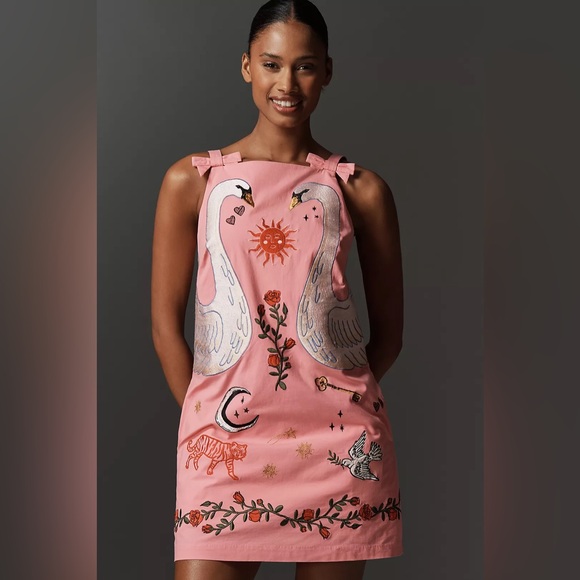 Anthropologie Dresses & Skirts - New Anthropologie Maeve pink swan embroidered mini shift dress